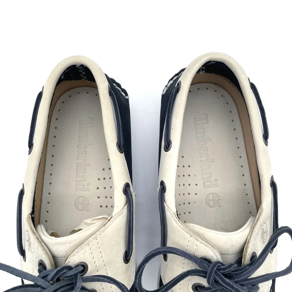 Timberland Classic 2-Eye Navy Blue Cream Leather Boat Shoes Men's Size 10M
